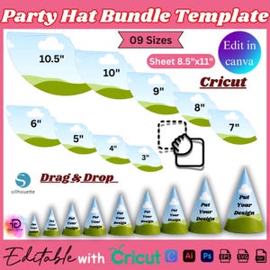 Puede incluir: Una plantilla digital de gorros de fiesta con nueve tamaños de 3 a 10.5 pulgadas, diseñada para hojas de 8.5x11 pulgadas. Incluye formas de cono editables con gráficos de nubes y césped, compatibles con software Cricut y Silhouette para arrastrar y soltar.