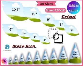 May include: A digital party hat bundle template featuring nine sizes from 3 to 10.5 inches, designed for 8.5x11 inch sheets. Includes editable cone shapes with cloud and grass graphics, compatible with Cricut and Silhouette software for drag and drop customisation.