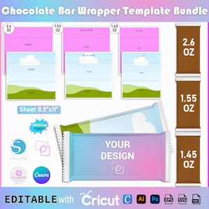 Pode incluir: Um pacote de modelos para embalagens de barras de chocolate, com designs para barras de 74g, 44g e 41g. Inclui modelos editáveis com designs frontais e traseiros, além de uma amostra com o texto "YOUR DESIGN". Editável com Cricut, Canva, etc.