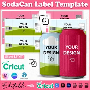 Pode incluir: Um modelo para rótulos de latas de refrigerante com o texto "YOUR DESIGN" em uma lata azul clara e vermelha. O design inclui uma folha de rótulos com um design de paisagem verde e branco. O texto "SodaCan Label Template" está no topo.