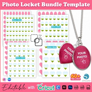 May include: A pink photo locket bundle template with various sizes: 18mm x 25mm, 25mm x 40mm, 29mm x 29mm, and 38mm x 38mm. The template includes editable elements, free logos, and is compatible with Cricut and other design software. The locket has space for a photo.