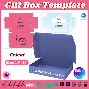 May include: A template for a gift box, featuring a blue box with dimensions of 6"x3.9"x1.24". The design includes pink and blue box layouts with text "Put Your Design". The image also includes the text "Cricut" and "Size: 12"x12".