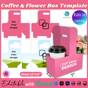 Puede incluir: Una plantilla rosa para caja de café y flores con el texto "Put Your Design". La caja está diseñada para contener una taza de café. Las dimensiones son 17,78 cm x 8,00 cm x 8,89 cm. La plantilla es editable con Cricut.