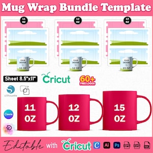 Puede incluir: Un paquete de plantillas para envolver tazas, con tamaños de 11 oz, 12 oz y 15 oz. La imagen muestra plantillas y maquetas de tazas rojas. El texto incluye "Sheet 8.5"x11"" y "Editable with Cricut".