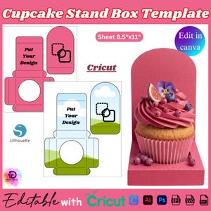 Puede incluir: Una plantilla digital de caja para soporte de cupcakes con un diseño troquelado rosa con apertura circular, tamaño de hoja de 21,6 cm x 27,9 cm y un soporte rosa terminado que sostiene un cupcake con glaseado rosa, arándanos e higo.