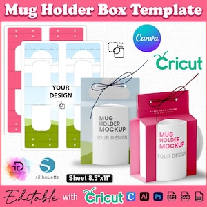 Peut inclure: Un modèle de boîte pour porte-tasse rose et blanc avec le texte "Mug Holder Box Template". La conception comprend une maquette d'une tasse dans une boîte, avec le texte "Mug Holder Mockup Your Design". Modifiable avec Cricut.