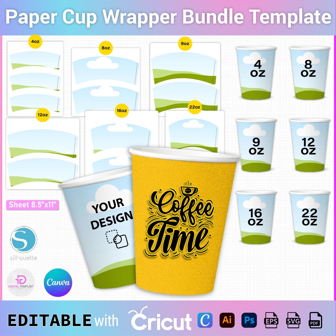 Paper Cup Template Bundle, 4oz - 8oz - 9oz - 12oz - 16oz -22oz Paper ...