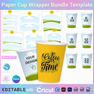Lot de modèles de tasses en papier, 4 oz - 8 oz - 9 oz - 12 oz - 16 oz -22 oz Modèles de tasse en papier, lot d'emballages de tasse en papier, modèle de tasse à café en papier canva
