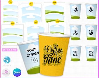 May include: A set of printable paper cup wrappers in various sizes, from 4 oz to 22 oz. The wrappers feature a blue sky with white clouds and green grass. The text "Coffee Time" is written in a stylized font on a yellow cup. The text "Your Design" is written on a white cup. The wrappers are editable with Cricut.