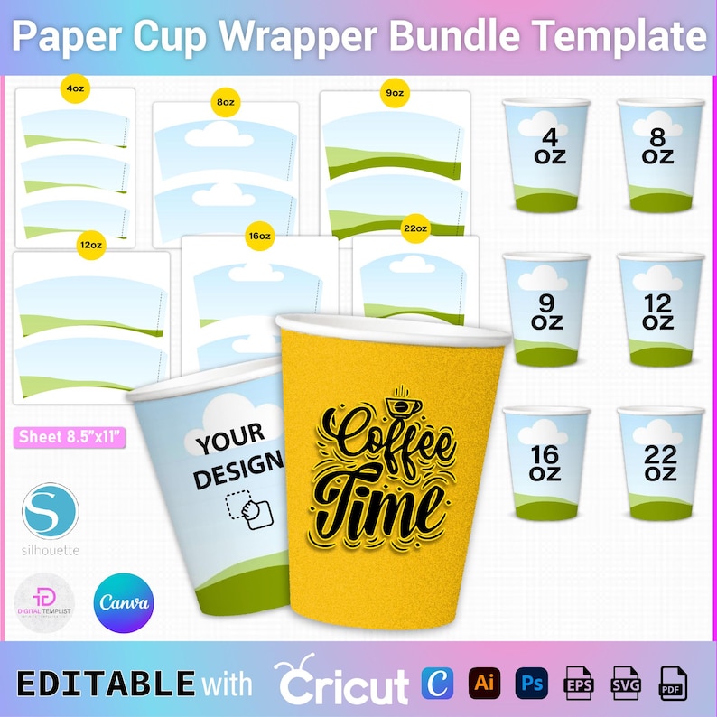 Paper Cup Template Bundle, 4oz - 8oz - 9oz - 12oz - 16oz -22oz Paper ...