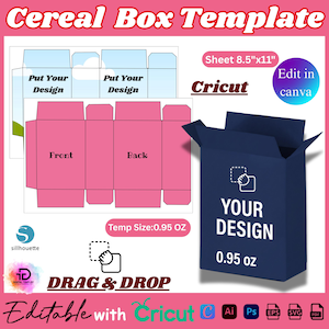 May include: A template for a cereal box design, featuring a pink and blue layout with the text "Put Your Design" and "Front" and "Back". A navy blue box mockup displays "Your Design" and "0.95 oz". The design is editable with Cricut.