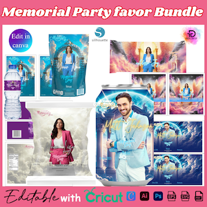 May include: A collection of memorial party favors, including water bottle labels, chip bags, and can wraps. The designs feature images of people and the text "Memorial Day" and "Venue". The color scheme includes shades of blue, pink, and white.