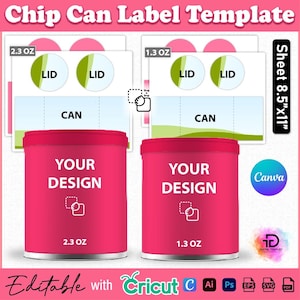 Puede incluir: Una plantilla para etiquetas de botes de patatas fritas, con dos botes rosas con la inscripción "YOUR DESIGN". Las etiquetas incluyen secciones para la tapa y el bote, con tamaños de 65 g y 37 g. El diseño es editable con Cricut y Canva.
