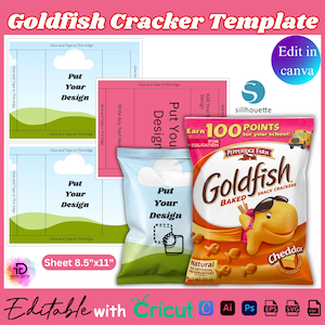 May include: A digital Goldfish Cracker template featuring editable layouts for snack bags, including a sheet size of 21.59cm x 27.94cm. The design includes placeholders for custom text and graphics, alongside a sample Pepperidge Farm Goldfish bag.