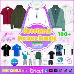 May include: A digital illustration showcasing a streetwear vectors bundle. The image features various clothing designs, including jackets, hoodies, and shirts, in a range of colors. Text includes "Streetwear Vectors Bundle" and "Editable with Cricut C".