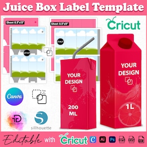 Peut inclure: Un modèle d'étiquette de boîte à jus rouge avec le texte "Juice Box Label Template". La conception comprend des modèles pour des feuilles de 21,6 cm x 33 cm et 21,6 cm x 28 cm, avec une maquette de boîte à jus. Le texte "YOUR DESIGN" est visible. Modifiable avec Cricut.