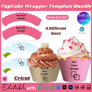 Op de afbeelding: Een digitale cupcake-wikkel sjabloonbundel met roze en blauwe geschulpte ontwerpen op vellen van 21,6 cm x 27,9 cm. Bevat bewerkbare lay-outs voor Cricut en Silhouette, met twee cupcakes in bruine en roze wikkels met de tekst Put Your Design.