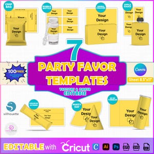 May include: Seven yellow party favor templates with editable text that says "Your Design". The templates include a chip bag, bubble bottle, animal cracker box, apple sauce pouch, party hat, 20 oz tumbler, and a stick of airhead extreme candy. The templates are designed to be used with Cricut.