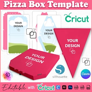 Puede incluir: Una plantilla de caja de pizza rosa con el texto "YOUR DESIGN" y un diagrama de una caja de pizza. La imagen también incluye el logotipo de Cricut, el logotipo de Silhouette y el logotipo de Canva. También están presentes las palabras "Editable with Cricut".