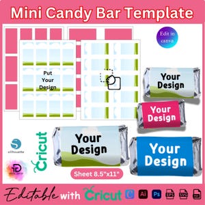 Könnte beinhalten: Ein rosa-weißes Mini-Schokoriegel-Template mit dem Text "Mini Candy Bar Template". Das Bild enthält Beispiele für Schokoriegelverpackungen mit dem Text "Your Design" auf blauen, rosa- und silberfarbenen Verpackungen. Die Vorlage ist mit Cricut bearbeitbar.