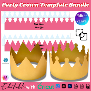 Puede incluir: Un paquete de plantillas de coronas de fiesta con coronas de papel dorado y diseños de coronas rosas y azules. El texto "Party Crown Template Bundle" está en la parte superior. El texto "Put Your Design" está en los diseños de coronas rosas. El texto "Edit in canva" está en un círculo azul.