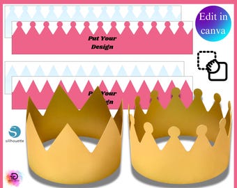 Plantilla de corona para fiestas, plantilla de sombrero de fiesta con corona de rey, corona real SVG, plantilla de sombrero para fiestas, sombrero de corona de papel, sombrero de cumpleaños, sombrero editable de Canva