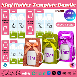 Può includere: Un pacchetto di modelli di portabicchieri con supporti rosa, verdi e viola. I supporti sono decorati con fiocchi e contengono tazze bianche con l'etichetta 312 ml, 340 ml e 425 ml. È visibile anche il testo "Edit in canva" e "Foglio 21,6 cm x 28 cm".