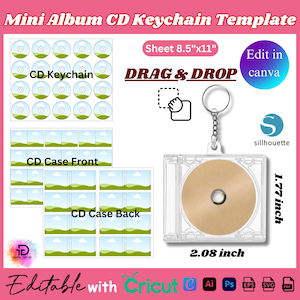 May include: A digital template for a mini album CD keychain. The template includes CD keychain designs, CD case fronts and backs, and a clear plastic CD case keychain measuring 2.08 inches wide and 1.77 inches tall.