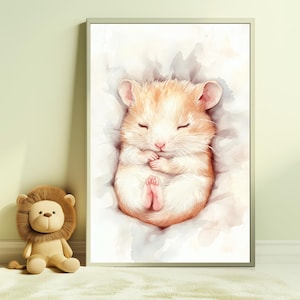 Pôster de hamster, arte de parede neutra para berçário, impressões artísticas em aquarela de retratos de animais de estimação, decoração de berçário para meninos e meninas, presente neutro para bebês