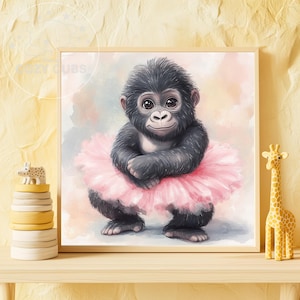 May include: A framed watercolor print of a baby gorilla wearing a pink tutu. The gorilla has dark gray fur and big, expressive eyes. The background is a soft blend of pastel colors. A wooden giraffe and a stack of wooden toys are on the shelf.