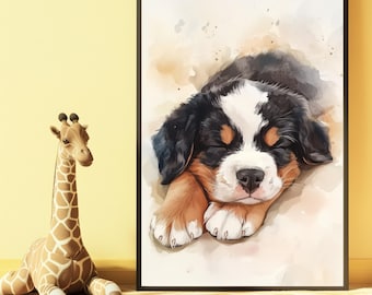 Bernese Mountain Dog Poster, Pet Watercolor Playroom Wall Art, Bernese Puppy Dog Portrait, Bernese Mountain Dog Gifts, Baby Boy Nursery Art
