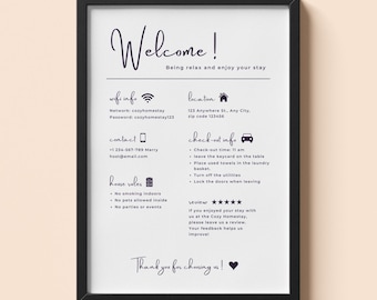 May include: A framed welcome sign with black text on a white background. The sign includes information about wifi, contact details, house rules, and check-out instructions. The text "Welcome!" is at the top, with "Being relax and enjoy your stay" below it.