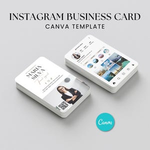 Op de afbeelding: Een stapel witte Instagram visitekaartjes met afgeronde hoeken. De kaarten tonen een foto van een vrouw, contactgegevens en de tekst "Instagram Business Card Canva Template". Een turquoise Canva-logo is ook zichtbaar.