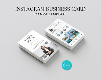 May include: A stack of white Instagram business cards with rounded corners. The cards feature a photo of a woman, contact information, and the text "Instagram Business Card Canva Template". A teal Canva logo is also visible.
