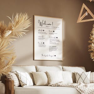 Airbnb welcome sign printable in cozy neutral living room decor – guest info sign for vacation rental or homestay, boho style wall art
