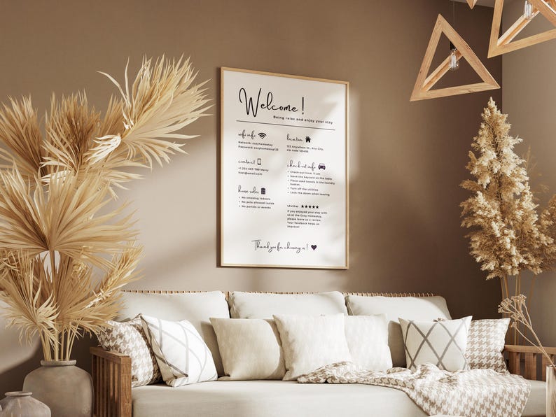 Airbnb welcome sign printable in cozy neutral living room decor – guest info sign for vacation rental or homestay, boho style wall art