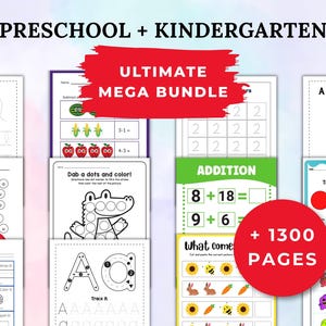 Pacchetto di apprendimento per la scuola materna, prescolare e per l&#39;asilo / +1300 pagine / Schede di attività stampabili / Colorazione / Unisci i puntini / Tracciamento / Alfabeto