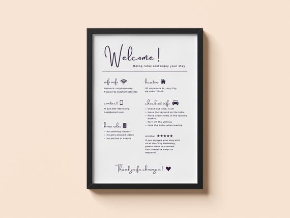 Airbnb Welcome Sign Editable, Guest Check In Guide, Wifi Password Printable, Vrbo Host Gift, Rental Property Sign, Canva Template
