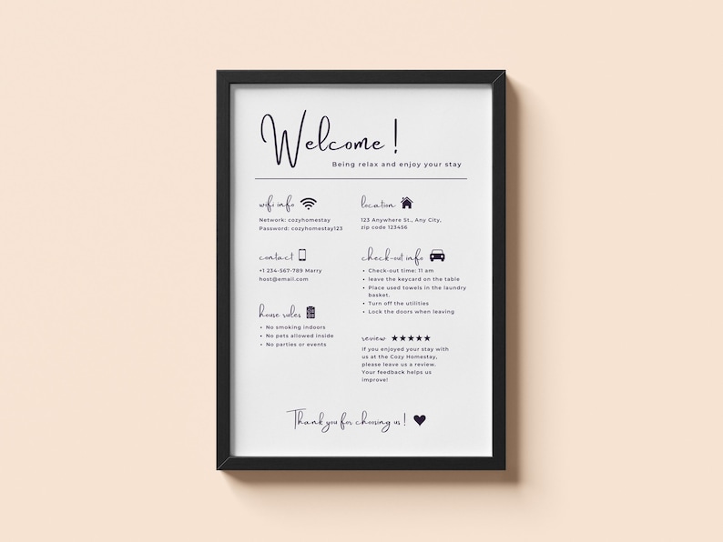 Modern Welcome Template Digital Download Guest Information Display Professional Host Guide Instant Access Property Management Essential Black White Design Minimalist Style Vacation Rental Guide Customizable Text Options Premium Quality