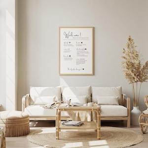 Boho Airbnb welcome sign in bright neutral living room – printable guest info sign for vacation rental, cozy homestay decor wall art