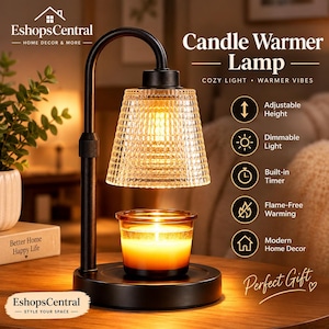 May include: A black metal candle warmer lamp with a textured glass shade and a round base. The lamp features adjustable height, dimmable light, a built-in timer, and flame-free warming. Text on the image includes "EshopsCentral", "Candle Warmer Lamp", "Cozy Light", "Warmer Vibes", and "Perfect Gift".