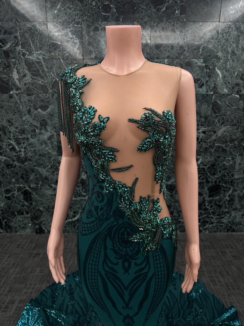 Gorgeous Dark Green Sequins Prom Dress with Mermaid Overskirt Evening Gown