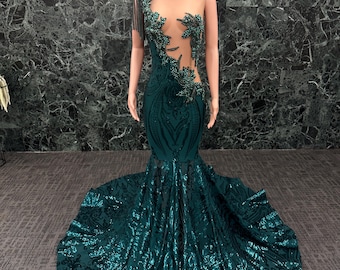 Emerald Goddess Gown,luxury Sequin Green Mermaid Dress With Gold Appliqu -  Etsy