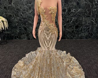 Gold Sequin Mermaid Prom Dress, Prom Gown, Gold Dress, Mermaid Dress
