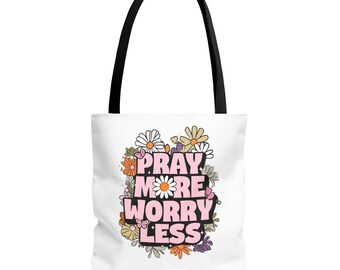 Floral 'Pray More Worry Less' Tote Bag: Inspirational Polyester Gift