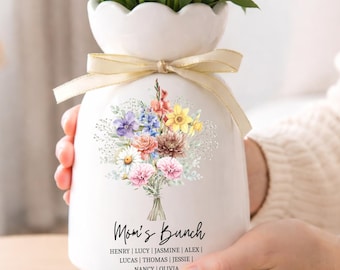 Personalized Birth Month Flower Bloom Vase, Custom Mother's Day Ceramic Flower Vase, Mothers Day Vase, Grandma Birth Month Garden Vase