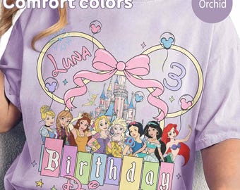 Custom Name Age Disney Princess Coquette Bow Birthday Shirt, Personalized Birthday Girl Tee, Disney Castle Toddler, Disneyland Princess Gift