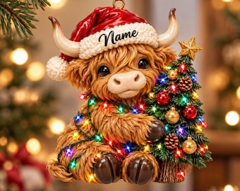 Personalized Highland Cow Christmas Ornament, Highland Cow Ornament Hanging, Funny Cattle Ornament, Highland Cow Lovers Gift