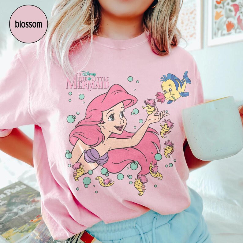 Retro The Little Mermaid Ariel Princess & Flounder Bubble Poster Disney T-Shirt, Ariel Princess Tee, WDW Vacation Girls' Trip Outfit image 4