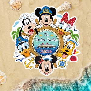 May include: A circular sticker featuring Disney characters Mickey Mouse, Minnie Mouse, Donald Duck, Daisy Duck, Goofy, and Pluto. The characters surround a ship's wheel with the text "The Smith Family 2026" and a cruise ship illustration. The background is a beach scene.